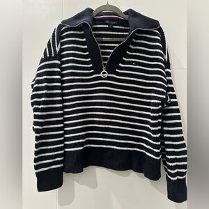Tommy Hilfiger Navy and White Striped Knit Sweater